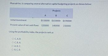 Pharoah Inc. is comparing several alternative capital budgeting projects as shown below:
Projects
B
C
$150000 $190000
230000
A
Initial investment
$110000
Present value of net cash flows 120000 140000
Using the profitability index, the projects rank as
OCA, B.
OC.B.A
OAB.C.
CAC.B.