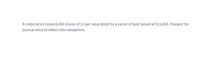 A corporation issues 6,000 shares of $1 par value stock for a parcel of land valued at $12,000. Prepare the
journal entry to reflect this transaction.

