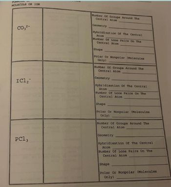 FORMUL
MOLECULE OR ION
CO3²-
ICl₂
PC13
Number of Groups Around The
Central Atom
Geometry
Hybridization Of The Central
Atom
Number Of Lone Pairs On The
Central Atom
Shape
Polar Or Nonpolar (Molecules
Only)
Number Of Groups Around The
Central Atom
Geometry
Hybridization Of The Central
Atom
Number Of Lone Pairs On The
Central Atom
Shape
Polar Or Nonpolar (Molecules
Only)
Number Of Groups Around The
Central Atom
Geometry
Hybridization Of The Central
Atom
Number Of Lone Pairs On The
Central Atom
Shape
Polar Or Nonpolar (Molecules
Only)