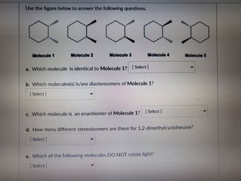 Use the figure below to answer the following questions.
XXXXX
Molecule 1
Molecule 2
Molecule 3
Molecule 4
a. Which molecule is identical to Molecule 1? [Select]
b. Which molecules(s) is/are diastereomers of Molecule 1?
[Select]
c. Which molecule is an enantiomer of Molecule 1? [Select]
Molecule 5
d. How many different stereoisomers are there for 1,2-dimethylcyclohexane?
[Select]
e. Which of the following molecules DO NOT rotate light?
[Select]