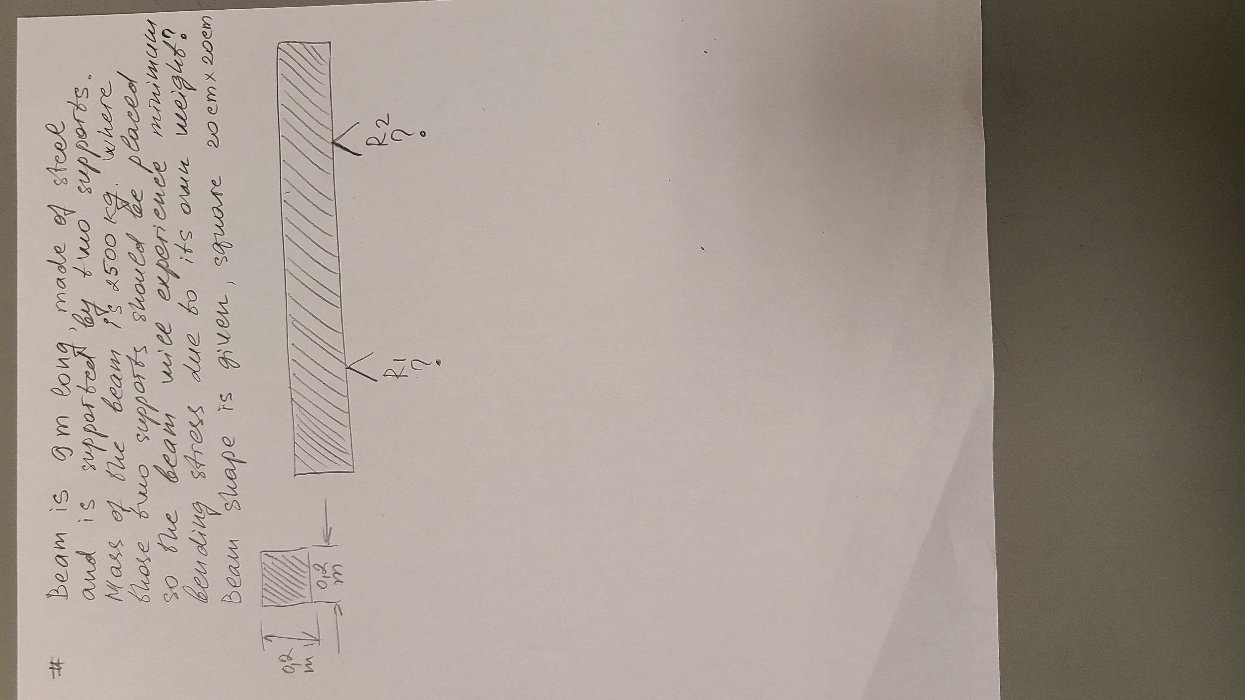 Beam is gm long, madde ed steel
and is supporbeel by tuo' supports.
Mass
f Bie beam i's 2500 kg. where
kg.
Shose buo supports shouCd be placel
so the beam vice experie
beuding stress due to'its oue veiglet?
Beam shape is given, square
ence minimum
20 em x 20em
012
