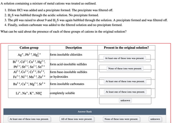 A solution containing a mixture of metal cations was treated as outlined.
1. Dilute HCl was added and a precipitate formed. The precipitate was filtered off.
2. H₂S was bubbled through the acidic solution. No precipitate formed.
3. The pH was raised to about 9 and H₂S was again bubbled through the solution. A precipitate formed and was filtered off.
4. Finally, sodium carbonate was added to the filtered solution and no precipitate formed.
What can be said about the presence of each of these groups of cations in the original solution?
Cation group
Ag+, Pb²+, Hg²+
Bi³ +, Cd²+, Cu²+,
Pb²+, Sb³ +, 2 + 4+
Sn² Snª
9
2 +
9
Hg²
Al³+, Co²+, Cr³+, Fe²+,
Fe³+, Ni²+, Mn²+, Zn²+
Ba²+, Ca²+, Mg²+, Sr² +
Li+, Na+, K+, NH
At least one of these ions was present.
Description
form insoluble chlorides
form acid-insoluble sulfides
form base-insoluble sulfides
or hydroxides
form insoluble carbonates
completely soluble
Answer Bank
All of these ions were present.
Present in the original solution?
At least one of these ions was present.
None of these ions were present.
At least one of these ions was present.
At least one of these ions was present.
unknown
None of these ions were present.
unknown