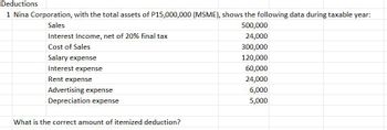 Deductions
1 Nina Corporation, with the total assets of P15,000,000 (MSME), shows the following data during taxable year:
Sales
500,000
Interest Income, net of 20% final tax
24,000
Cost of Sales
300,000
Salary expense
120,000
60,000
Interest expense
Rent expense
24,000
6,000
5,000
Advertising expense
Depreciation expense
What is the correct amount of itemized deduction?