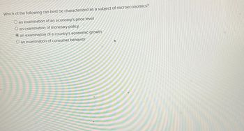 Which of the following can best be characterized as a subject of microeconomics?
O an examination of an economy's price level
an examination of monetary policy
an examination of a country's economic growth
an examination of consumer behavior
+