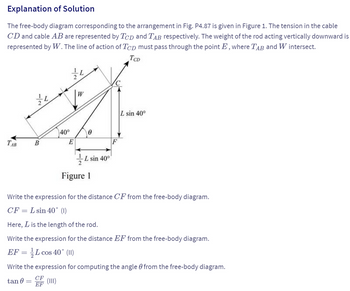 Explanation of Solution
The free-body diagram corresponding to the arrangement in Fig. P4.87 is given in Figure 1. The tension in the cable
CD and cable AB are represented by TCD and TAB respectively. The weight of the rod acting vertically downward is
represented by W. The line of action of TCD must pass through the point Ę, where TAB and W intersect.
12
L
TCD
TAB
B
L
40°
Ꮎ
E
F
L sin 40°
L sin 40°
Figure 1
Write the expression for the distance CF from the free-body diagram.
CF = L sin 40° (1)
Here, is the length of the rod.
Write the expression for the distance EF from the free-body diagram.
EF = L cos 40° (II)
Write the expression for computing the angle 0 from the free-body diagram.
CF
(111)
tan 0 =
EF