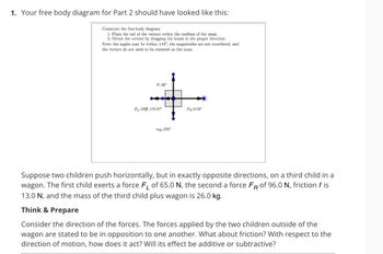 ## Educational Content: Free Body Diagram and Forces

### Free Body Diagram Explanation

1. **Diagram Instructions:**
   - Construct the free-body diagram.
     1. Place the tail of the vectors within the confines of the mass.
     2. Orient the vectors by dragging the heads in the proper direction.
   - Note: The angles may be within ±15°, the magnitudes are not considered, and the vectors do not need to be centered on the mass.

2. **Diagram Details:**
   - The diagram is a vector representation centered around a box, symbolizing the mass. 
   - Key Forces:
     - **N** (Normal Force): Points upwards at 90°.
     - **\(F_L\)** (Force to the Left): Arrows point left with an angle of 179.87° from the right.
     - **\(F_R\)** (Force to the Right): Arrows point right at a slight angle of 0.04°.
     - **\(mg\)** (Gravitational Force): Points directly downward at 270°.
     - **f** (Friction): Not depicted separately but should be considered in force calculations.

### Problem Context and Analysis

Suppose two children push horizontally, but in exactly opposite directions, on a third child in a wagon. The first child exerts a force \(F_L\) of 65.0 N, the second a force \(F_R\) of 96.0 N. Friction \(f\) is 13.0 N, and the mass of the third child plus the wagon is 26.0 kg.

#### Think & Prepare

1. **Direction of Forces:**
   - The forces applied by the two children are in opposition. 
   - Consider how friction acts in the context of the motion.
  
2. **Net Force Analysis:**
   - Determine if friction acts to add to or subtract from the total net force.
   - Analyze the resultant motion based on force interactions.

This explanation will help you understand the balance of forces and how vector components influence physical systems.