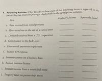 the
4. Partnership Activities. (Obj. 2) Indicate how each of the following items is reported on
partnership tax return by placing a check mark in the appropriate column.
Separately Stated
Ordinary Income
Item
a. Rent received from rental property
b. Short-term loss on the sale of a capital asset
c. Dividends received from a U.S. corporation
d. Contribution to the Red Cross
e. Guaranteed payments to partners
f. Section 179 expense
g. Interest expense on a business loan
h. Annual business license
i. Interest income from a municipal bond
j. Property taxes on partnership assets