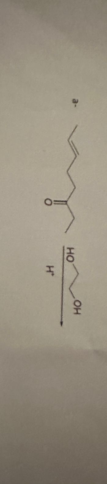 The image shows a chemical structure of a reaction. The reaction diagram includes:

1. **Reactant Structure**: On the top part, there is a linear representation of a carbon chain. It includes a ketone group (indicated by a carbon double-bonded to oxygen). The carbon chain appears to have seven carbon atoms with a double bond present within the chain.

2. **Reagent**: Below the arrow, there is a notation of "I₂" with an adjacent structure indicating iodine in the presence of hydroxide ions (OH⁻).

**Reaction Explanation**:

- The chemical structure represents a ketone reacting with iodine (I₂) in the presence of hydroxide ions (OH⁻).
- This typically indicates the iodoform reaction, where methyl ketones or alcohols that oxidize to methyl ketones are treated with iodine and a base to yield iodoform as a precipitate.

This information can be used to understand reactions involving halogenation and study the properties of carbonyl compounds.