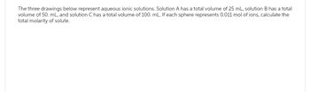 The three drawings below represent aqueous ionic solutions. Solution A has a total volume of 25 mL, solution B has a total
volume of 50. mL, and solution C has a total volume of 100. mL. If each sphere represents 0.011 mol of ions, calculate the
total molarity of solute.