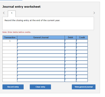 Journal entry worksheet
1
Record the closing entry at the end of the current year.
Note: Enter debits before credits.
Transaction
1
Record entry
General Journal
Clear entry
Debit
Credit
View general journal