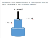 From the figure as shown, determine the stress in psi at the top surface of the second
cylinder. Assume the specific weight of the material is 460 Ibf/ft?
F = 3000lbf
d = 1 ft
ww
h = 1.5 ft
ww
