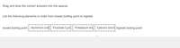 Drag and drop the correct answers into the spaces.
List the following elements in order from lowest boiling point to highest
lowest boiling point Aluminum iodi
Fructose C6H Potassium bra Calcium brom highest boiling point
