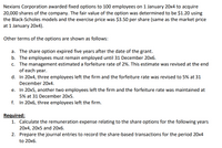 Nexians Corporation awarded fixed options to 100 employees on 1 January 20x4 to acquire
20,000 shares of the company. The fair value of the option was determined to be $1.20 using
the Black-Scholes models and the exercise price was $3.50 per share (same as the market price
at 1 January 20x4).
Other terms of the options are shown as follows:
a. The share option expired five years after the date of the grant.
b. The employees must remain employed until 31 December 20x6.
c. The management estimated a forfeiture rate of 2%. This estimate was revised at the end
of each year.
d. In 20x4, three employees left the firm and the forfeiture rate was revised to 5% at 31
December 20x4.
e. In 20x5, another two employees left the firm and the forfeiture rate was maintained at
5% at 31 December 20x5.
f. In 20x6, three employees left the firm.
Required:
1. Calculate the remuneration expense relating to the share options for the following years
20x4, 20x5 and 20x6.
2. Prepare the journal entries to record the share-based transactions for the period 20x4
to 20x6.
