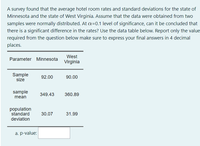 A survey found that the average hotel room rates and standard deviations for the state of
Minnesota and the state of West Virginia. Assume that the data were obtained from two
samples were normally distributed. At a=0.1 level of significance, can it be concluded that
there is a significant difference in the rates? Use the data table below. Report only the value
required from the question below make sure to express your final answers in 4 decimal
places.
West
Parameter Minnesota
Virginia
Sample
size
92.00
90.00
sample
mean
349.43
360.89
population
standard
deviation
30.07
31.99
a. p-value:
