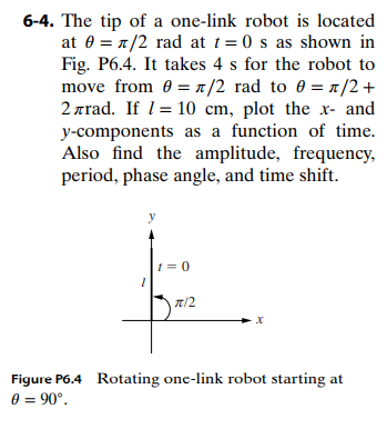 **6-4.** The tip of a one-link robot is located at \(\theta = \pi/2\) rad at \(t = 0\) s as shown in Fig. P6.4. It takes 4 s for the robot to move from \(\theta = \pi/2\) rad to \(\theta = \pi/2 + 2\pi \text{ rad}\). If \(l = 10\) cm, plot the \(x\)- and \(y\)-components as a function of time. Also find the amplitude, frequency, period, phase angle, and time shift.

**Figure P6.4** Rotating one-link robot starting at \(\theta = 90^\circ\).

**Explanation of Diagram:**

The diagram illustrates a one-link robot arm positioned in a two-dimensional coordinate system (x, y). At \(t = 0\), the arm is positioned at an angle of \(\pi/2\) radians (or 90 degrees) from the x-axis. The arm’s length, \(l\), is labeled, and the path of rotation is indicated by an arrow curving from the initial position, suggesting the movement of the arm as it rotates through 2\(\pi\) radians over 4 seconds.