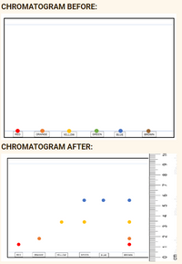 CHROMATOGRAM BEFORE:
RED
ORANGE
YELLOW
GREEN
BLUE
BROWN
CHROMATOGRAM AFTER:
RED
ORANDE
YELLOW
GREEN
BLUE
BROWN
1 2 3 4 5 6 7 8 9 1
