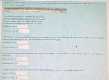 Widget Co. produces widgets for customers. The company has provided the following financial information for the past year. Each
scenario below is separate.
Product Selling price per unit Sales Quantity Variable cost per unit Fixed costs
Widgets
$9.00
528,000
$2.00 $67,000
Do not enter dollar signs or commas in the input boxes.
Round breakeven units up to the nearest whole number.
Round breakeven sales to the nearest whole number.
a) Calculate break-even units and break-even sales.
Breakeven units =
Breakeven sales = $
b) Suppose the company would like to generate an operating profit of $5,000. Determine the revenue that is needed to obtain this target,
and calculate the number of units that need to be produced to meet this goal.
Breakeven units =
Breakeven sales = $
c) Suppose the company decides to lower the selling price from $9.00 per unit to $8.00 per unit. Calculate break-even units and break-
even sales.
Breakeven units =
Breakeven sales = $
d) Suppose that fixed costs drop to $52,000 from $67,000. Calculate break-even units and break-even sales.
Breakeven units =
Breakeven sales = $