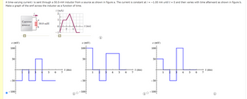 A time-varying current i is sent through a 50.0-mH inductor from a source as shown in figure a. The current is constant at i = -1.00 mA until t = 0 and then varies with time afterward as shown in figure b.
Make a graph of the emf across the inductor as a function of time.
i (mA)
2
1
A-
Current
source
50.0 mH
0
a
-1
t (ms)
ε (mV)
100
50
-50
100
_t (ms)
5
6
7
ε (mV)
100
50
-50
100
t(ms)
1
4
5
6
7
ε (mV)
100
50
-50ㅏ
-100
t (ms)
1
4
5
6
7