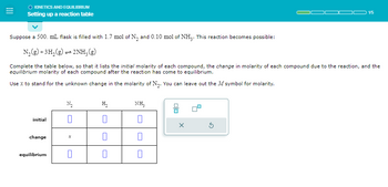 =
KINETICS AND EQUILIBRIUM
Setting up a reaction table
Suppose a 500. mL flask is filled with 1.7 mol of N₂ and 0.10 mol of NH3. This reaction becomes possible:
N₂(g) + 3H₂(g)2NH, (g)
Complete the table below, so that it lists the initial molarity of each compound, the change in molarity of each compound due to the reaction, and the
equilibrium molarity of each compound after the reaction has come to equilibrium.
Use x to stand for the unknown change in the molarity of N₂. You can leave out the M symbol for molarity.
initial
change
equilibrium
N₂
0
0
H₂
0
0
0
NH3
0
0
00
1/5
X