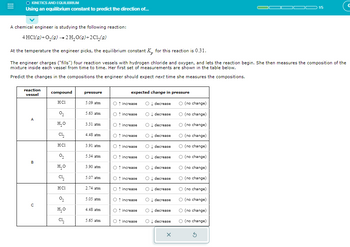 **Kinetics and Equilibrium: Using an Equilibrium Constant to Predict the Direction of a Reaction**

A chemical engineer is studying the following reaction:

\[ 4 \text{HCl}(g) + \text{O}_2(g) \rightarrow 2 \text{H}_2\text{O}(g) + 2 \text{Cl}_2(g) \]

At the temperature the engineer picks, the equilibrium constant \( K_p \) for this reaction is 0.31.

The engineer charges four reaction vessels with hydrogen chloride and oxygen, allowing the reaction to begin. She measures the composition of the mixture inside each vessel periodically. The first set of measurements is shown in the table below.

Predict how the compositions will change the next time she measures them.

| Reaction Vessel | Compound | Pressure (atm) | Expected Change in Pressure |
|:---------------:|:--------:|:--------------:|:---------------------------:|
|        A        |   HCl    |      5.09      | ☐ increase ☐ decrease ☐ (no change) |
|                 |   O₂     |      5.63      | ☐ increase ☐ decrease ☐ (no change) |
|                 |   H₂O    |      3.31      | ☐ increase ☐ decrease ☐ (no change) |
|                 |   Cl₂    |      4.48      | ☐ increase ☐ decrease ☐ (no change) |
|        B        |   HCl    |      3.11      | ☐ increase ☐ decrease ☐ (no change) |
|                 |   O₂     |      5.34      | ☐ increase ☐ decrease ☐ (no change) |
|                 |   H₂O    |      3.90      | ☐ increase ☐ decrease ☐ (no change) |
|                 |   Cl₂    |      5.07      | ☐ increase ☐ decrease ☐ (no change) |
|        C        |   HCl    |      2.74      | ☐ increase ☐ decrease ☐ (no change) |
|                 |   O₂     |      5.05      | ☐ increase ☐ decrease ☐ (no change) |
|                 |   H₂O    |      4.48      | ☐ increase