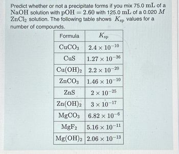 Predict whether or not a precipitate forms if you mix 75.0 mL of a
NaOH solution with pOH = 2.60 with 125.0 mL of a 0.020 M
ZnCl2 solution. The following table shows Ksp values for a
number of compounds.
Formula
Ksp
CuCO3
2.4 x 10-10
CuS
1.27 x 10-36
Cu(OH)2 2.2 × 10-20
ZnCO3 1.46 x 10-10
ZnS
2 x 10-25
Zn(OH)2
3 x 10-17
MgCO3
6.82 × 10-6
MgF2 5.16 x 10-11
Mg(OH)2 2.06 × 10-13