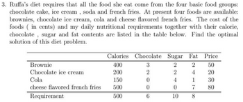 3. Ruffa's diet requires that all the food she eat come from the four basic food groups:
chocolate cake, ice cream, soda and french fries. At present four foods are available:
brownies, chocolate ice cream, cola and cheese flavored french fries. The cost of the
foods (in cents) and my daily nutritional requirements together with their calorie,
chocolate, sugar and fat contents are listed in the table below. Find the optimal
solution of this diet problem.
Brownie
Chocolate ice cream
Cola
cheese flavored french fries
Requirement
Calories Chocolate Sugar Fat Price
3
2
2
50
2
2
4
20
0
4
30
0
0
80
6
10
400
200
150
500
500
1
7
8