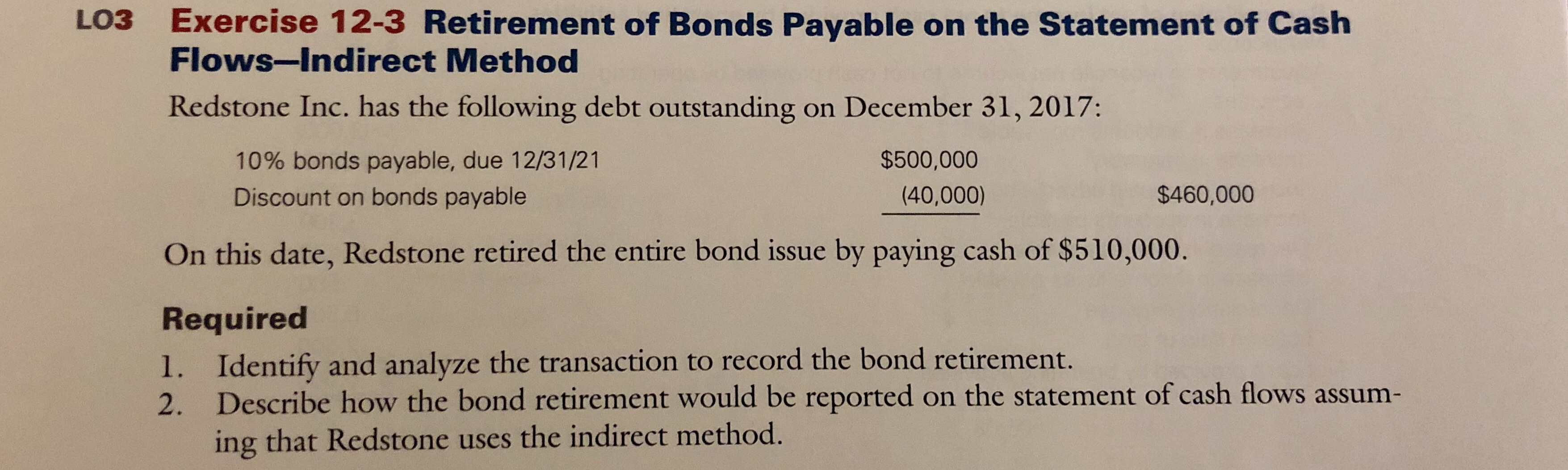 Exercise 12-3 Retirement of Bonds Payable on the Statement of Cash
Flows-Indirect Method
LO3
Redstone Inc. has the following debt outstanding on December 31, 2017:
10% bonds payable, due 12/31/21
Discount on bonds payable
$500,000
(40,000)
$460,000
On this date, Redstone retired the entire bond issue by paying cash of $510,000.
Required
1. Identify and analyze the transaction to record the bond retirement.
2. Describe how the bond retirement would be reported on the statement of cash flows assum-
ing that Redstone uses the indirect method.
