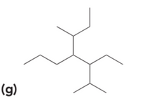 The image depicts a structural formula of a hydrocarbon molecule. It consists of a central carbon atom connected to four other carbon atoms. Each of these carbon atoms is further connected to a linear arrangement of additional carbon atoms, forming branches.

Details of the structure:
- The central carbon atom is bonded to three other carbon atoms, each forming a branch.
- The branches consist of:
  - A straightforward linear extension from one of the central carbon atoms.
  - Two more detailed branches, each extending into additional linear chains of carbon atoms.

This molecule is likely a branched alkane due to its structure of single bonds between carbon atoms.

Label: (g)

This type of diagram is useful in organic chemistry to visually convey the connectivity and branching patterns of carbon atoms in hydrocarbons.