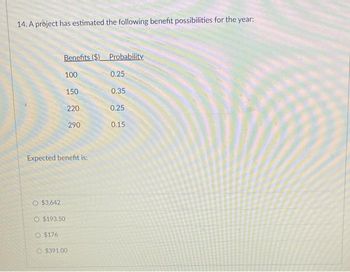 14. A project has estimated the following benefit possibilities for the year:
Benefits ($) Probability.
100
0.25
0.35
0.25
O $3,642
150
O $193.50
O $176
220
Expected benefit is:
290
$391.00
0.15