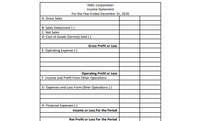 H@L Corporation
Income Statement
For the Year Ended December 31, 2020
A- Gross Sales
B-Sales Deductions (-)
C- Net Sales
D- Cost of Goods (Service) Sold (-)
Gross Profit or Loss
E-Operating Expense (-)
Operating Profit or Loss
F- Income and Profit From Other Operations
G- Expenses and Loss From Other Operations (-)
H- Financial Expenses (-)
Income or Loss For the Period
Net Profit or Loss For the Period
