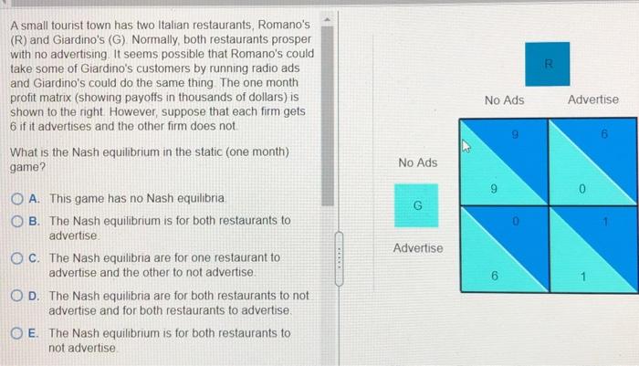 A small tourist town has two Italian restaurants, Romano's
(R) and Giardino's (G). Normally, both restaurants prosper
with no advertising. It seems possible that Romano's could
take some of Giardino's customers by running radio ads
and Giardino's could do the same thing The one month
profit matrix (showing payoffs in thousands of dollars) is
shown to the right However, suppose that each firm gets
6 if it advertises and the other firm does not.
No Ads
Advertise
What is the Nash equilibrium in the static (one month)
game?
No Ads
A. This game has no Nash equilibria
O B. The Nash equilibrium is for both restaurants to
advertise
Advertise
OC. The Nash equilibria are for one restaurant to
advertise and the other to not advertise.
1
O D. The Nash equilibria are for both restaurants to not
advertise and for both restaurants to advertise.
O E. The Nash equilibrium is for both restaurants to
not advertise
