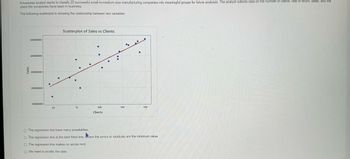 A business analyst wants to classify 22 successful small-to-medium size manufacturing companies into meaningful groups for future analyses. The analyst collects data on the number of clients, rate of return, sales, and the
years the companies have been in business.
The following scatterplot is showing the relationship between two variables:
Sales
50000000-
40000000
30000000
20000000
10000000-
50
Scatterplot of Sales vs Clients
75
100
Clients
125
150
O The regression line have many possibilities
O The regression line is the best fitted line, where the errors or residuals are the minimum value
O The regression line makes no sense here
O We need to stratify the data