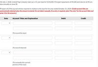 On July 1, 2020, United Flag Company took out a 15-year loan for $144,000. Principal repayments of $9,600 and interest at 8% are
due annually on June 30.
Prepare all of the journal entries required in relation to the loan for the year ended October 31, 2020. (Credit account titles are
automatically indented when the amount is entered. Do not indent manually. If no entry is required, select "No entry" for the account titles and
enter O for the amounts.)
Date
Account Titles and Explanation
Debit
Credit
(To record the loan)
(To record interest)
(To reclassify the current
portion of the loan)
