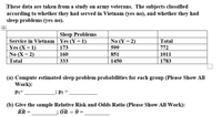 These data are taken from a study on army veterans. The subjects classified
according to whether they had served in Vietnam (yes-no), and whether they had
sleep problems (yes-no).
Sleep Problems
Service in Vietnam Yes (Y = 1)
Yes (X= 1)
No (X = 2)
No (Y = 2)
Total
173
599
772
160
851
1011
Total
333
1450
1783
(a) Compute estimated sleep problem probabilities for each group (Please Show All
Work):
P1=
; P2
(b) Give the sample Relative Risk and Odds Ratio (Please Show All Work):
ŘŘ =
; ÖR = Ô =
