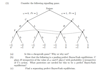 (1)
HINO
(a)
(b)
(c)
F
Consider the following signalling game.
H
w =0, Pr = 1/
ogled
MINT
Nature
3
w = 1, Pr = 1/
H
HINO
C
고
F
HINO
Is this a cheap-talk game? Why or why not?
Show that the following is a pooling perfect Bayes-Nash equilibrium: C
plays H irrespective of the value of w; and F plays I with probability irrespective
of C's action. What posteriors are needed for this to be a perfect Bayes-Nash
equilibrium?
Find a separating perfect Bayes-Nash equilibrium.