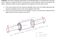 Problem1: The entire composite shaft shown in the following figure is manufactured using steel
with a modulus of rigidity of 80 GPa. The dimensions of the composite shaft are included in the
figure. Unknown torques of equal magnitude T are applied to the two ends A and D.
a. If the steel material has the maximum allowable shear stress of 75 MPa, determine the
maximum allowable torque T that can be applied to the shaft.
b. Once you have found the maximum allowable T in part a, use that value to determine the
angle of twist of end A relative to the end D.
T.
C: =50mm, Co = 60mm
C=40m
Solid
Tc=40m
Hollow
A
Solid
B
125 mm
125 mm
125 mm
C: radius
C; :
inner Tadius
Co: Outer Yadius
