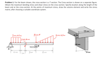 Problem 1: For the beam shown, the cross-section is a T-section. The Cross-section is shown on a separate figure.
Obtain the maximum bending stress and shear stress on the cross-section. Specify location along the length of the
beam and at the cross-section. At the points of maximum stress, draw the volume element and write the stress
matrix, after choosing a suitable coordinate system.
-100 mm
200N/m
300N
200N/m
30 mm
200 Nm
80 mm
3m
6 m
20 mm
