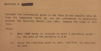 Question 2:
Consider the information given in the Table 2A and complete Table 2B.
From the completed Table 2B, use the information to grpahically
present the Security Market Line (SML). Compute the slope of this
line.
Hints:
i)
ii)
When 100% money is invested in asset X (portfolio weight
1), the beta of the portfolio is 0.85
Since the risk-free asset is, well, risk-free, its beta will
be zero