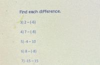 Find each difference.
3) 2-(-6)
4) 7-(-8)
5)-4-10
6) 8-(-8)
7)-15-15
