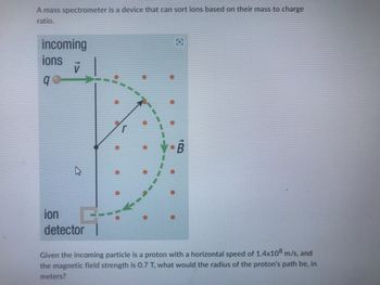 A mass spectrometer is a device that can sort ions based on their mass to charge
ratio.
incoming
ions
q
V
ion
detector
B
Given the incoming particle is a proton with a horizontal speed of 1.4x108 m/s, and
the magnetic field strength is 0.7 T, what would the radius of the proton's path be, in
meters?