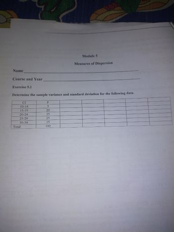 Name
Course and Year
Exercise 5.1
CI
10-14
15-19
20-24
25-29
30-34
Determine the sample variance and standard deviation for the following data.
Total
Module 5
F
5
20
35
25
15
100
Measures of Dispersion