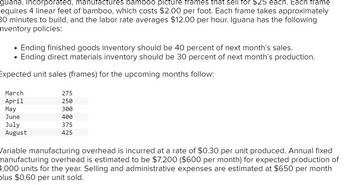 guana, Incorporated, manufactures bamboo picture frames that sell for $25 each. Each frame
equires 4 linear feet of bamboo, which costs $2.00 per foot. Each frame takes approximately
30 minutes to build, and the labor rate averages $12.00 per hour. Iguana has the following
Inventory policies:
•
Ending finished goods inventory should be 40 percent of next month's sales.
•
Ending direct materials inventory should be 30 percent of next month's production.
Expected unit sales (frames) for the upcoming months follow:
March
275
April
250
May
300
June
400
July
August
375
425
Variable manufacturing overhead is incurred at a rate of $0.30 per unit produced. Annual fixed
manufacturing overhead is estimated to be $7,200 ($600 per month) for expected production of
4,000 units for the year. Selling and administrative expenses are estimated at $650 per month
plus $0.60 per unit sold.