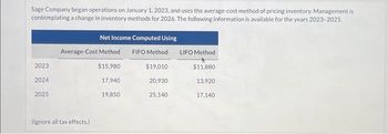 Sage Company began operations on January 1, 2023, and uses the average-cost method of pricing inventory. Management is
contemplating a change in inventory methods for 2026. The following information is available for the years 2023-2025.
2023
2024
2025
Net Income Computed Using
Average-Cost Method
$15,980
(Ignore all tax effects.)
17,940
19,850
FIFO Method LIFO Method
$19,010
$11.880
20,930
25,140
13,920
17,140