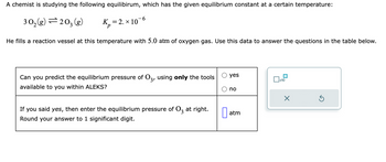 A chemist is studying the following equilibrium, which has the given equilibrium constant at a certain temperature:

\[ 3 \, \text{O}_2(g) \rightleftharpoons 2 \, \text{O}_3(g) \quad K_p = 2 \times 10^{-6} \]

He fills a reaction vessel at this temperature with 5.0 atm of oxygen gas. Use this data to answer the questions in the table below.

| Can you predict the equilibrium pressure of \(\text{O}_3\), using **only** the tools available to you within ALEKS? | O yes O no |
|:----------------------------------------|:--------:|

If you said yes, then enter the equilibrium pressure of \(\text{O}_3\) at right. Round your answer to 1 significant digit.

| ________ | atm |

[Diagram of a keyboard entry box and a refresh button, with an option to multiply by 10]