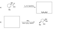 ### Organic Reaction Pathways

#### Reaction Pathway A

**Reactant:**
- A molecule with a cyclohexene ring, containing one double bond.
- It has two methyl groups (Me) and a hydroxyl group (OH).
- An additional carbonyl group (C=O) is present.

**Reagents:**
- Iodine (I₂)
- Potassium iodide (KI)
- Sodium bicarbonate (NaHCO₃)

**Product:**
- A compound with the molecular formula C₉H₁₃O₂I.

**Reaction Description:**
- This is a halogenation reaction involving iodine. The presence of sodium bicarbonate suggests a basic environment, which may aid in the reaction's progress.

#### Reaction Pathway B

**Reagents:**
- Borane (BH₃)
- Followed by hydrogen peroxide (H₂O₂) and sodium hydroxide (NaOH).

**Product:**
- A molecule with a cyclopentane ring, featuring one alcohol group (OH) and two methyl groups (Me) on adjacent carbon atoms.

**Reaction Description:**
- This process is likely a hydroboration-oxidation, which typically converts alkenes into alcohols, with borane acting first to add BH₂ and then the alcohol formation via oxidation with hydrogen peroxide in the presence of sodium hydroxide.

### General Concepts

- **Halogenation Reactions:** These involve the addition of halogens like iodine to unsaturated bonds, usually facilitated by catalysts or solvents.
- **Hydroboration-Oxidation:** A two-step process that adds a hydroxyl group across an alkene, converting it into an alcohol. The borane acts as a reducing agent, and subsequent oxidation yields the alcohol.

Understanding these reactions is crucial in synthetic organic chemistry for creating varying functional groups and structural motifs in complex molecules.