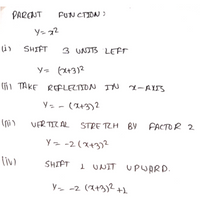 PARENT
PUN CTION )
Y= x2
(i)
SHIFT
3 UNITB LEFT
Y= (Q+3)2
(jil TAKE REFLECTION IN -A
Y= - (a+3)2
UER TICAL
STRE TZH BY FACTOR 2
Y= -2(x+3)2
liv)
SHIFT
I UNIT UPWARD.
ソー -2 (ス3)2 +
