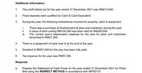 Additional information:
1.
The profit before tax for the year ended 31 December 2021 was RM213,640.
2.
Fixed deposits were qualified as Cash & Cash Equivalent.
3.
During the year, the following transactions incurred for property, plant & equipment:
i. There was a purchase of freehold land & plant and machinery during the year
ii.
A piece of land costing RM100,000 had been sold for RM200,000
i.
The current year's depreciation expense for the year for plant and machinery
amounted to RM21,200.
4.
There is a repayment of bank loan of at the end of the year.
5.
Dividend of RM57,400 for the year has been fully paid.
6.
Tax expense for the year was RM57,360.
Required:
Prepare the Statement of Cash Flows for the year ended 31 December 2021 for Pitzer
Bhd using the INDIRECT METHOD in accordance with MFRS107.
a.
