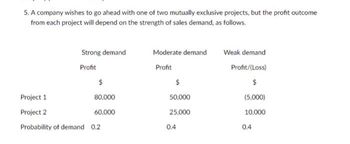 5. A company wishes to go ahead with one of two mutually exclusive projects, but the profit outcome
from each project will depend on the strength of sales demand, as follows.
Strong demand
Profit
$
80,000
60,000
Project 1
Project 2
Probability of demand 0.2
Moderate demand
Profit
$
50,000
25,000
0.4
Weak demand
Profit/(Loss)
$
(5,000)
10,000
0.4