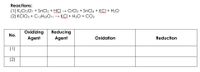 Reactions:
(1) K2Cr2O7 + SnCl2 + HCI → CrCl3 + SNCI4 + KCI + H2O
(2) KCIO3 + C12H22011 → KCI + H2O + CO2
w
Oxidizing
Reducing
No.
Agent
Agent
Oxidation
Reduction
(1)
(2)
