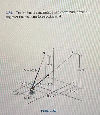 2-89. Determine the magnitude and coordinate direction
angles of the resultant force acting at A.
FB = 600 N
0.5 m
1 m
1.5 m
B
2 m
Fc= 450 N
0.5 m
Prob. 2-89
1.5 m
3.5 m